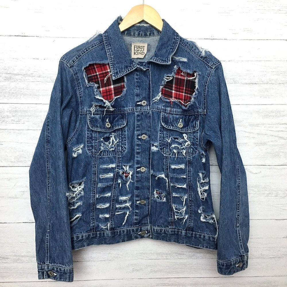 Furst of a Kind Women's Jean Jacket Distressed Destroyed Button Front Re-Worked